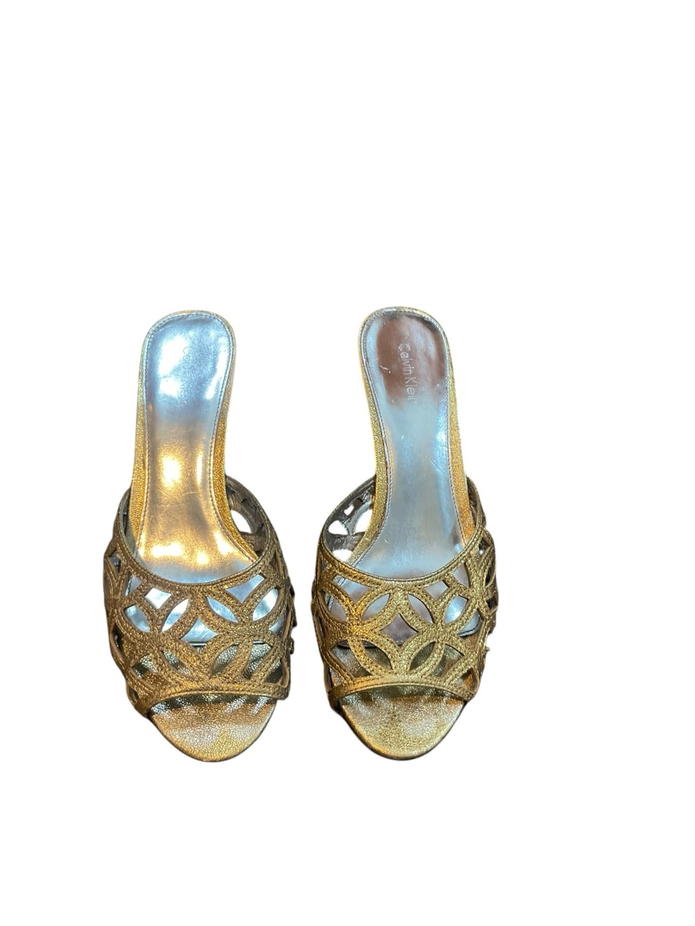 Calvin Klein Gold Metallic Cutout Slide Heels